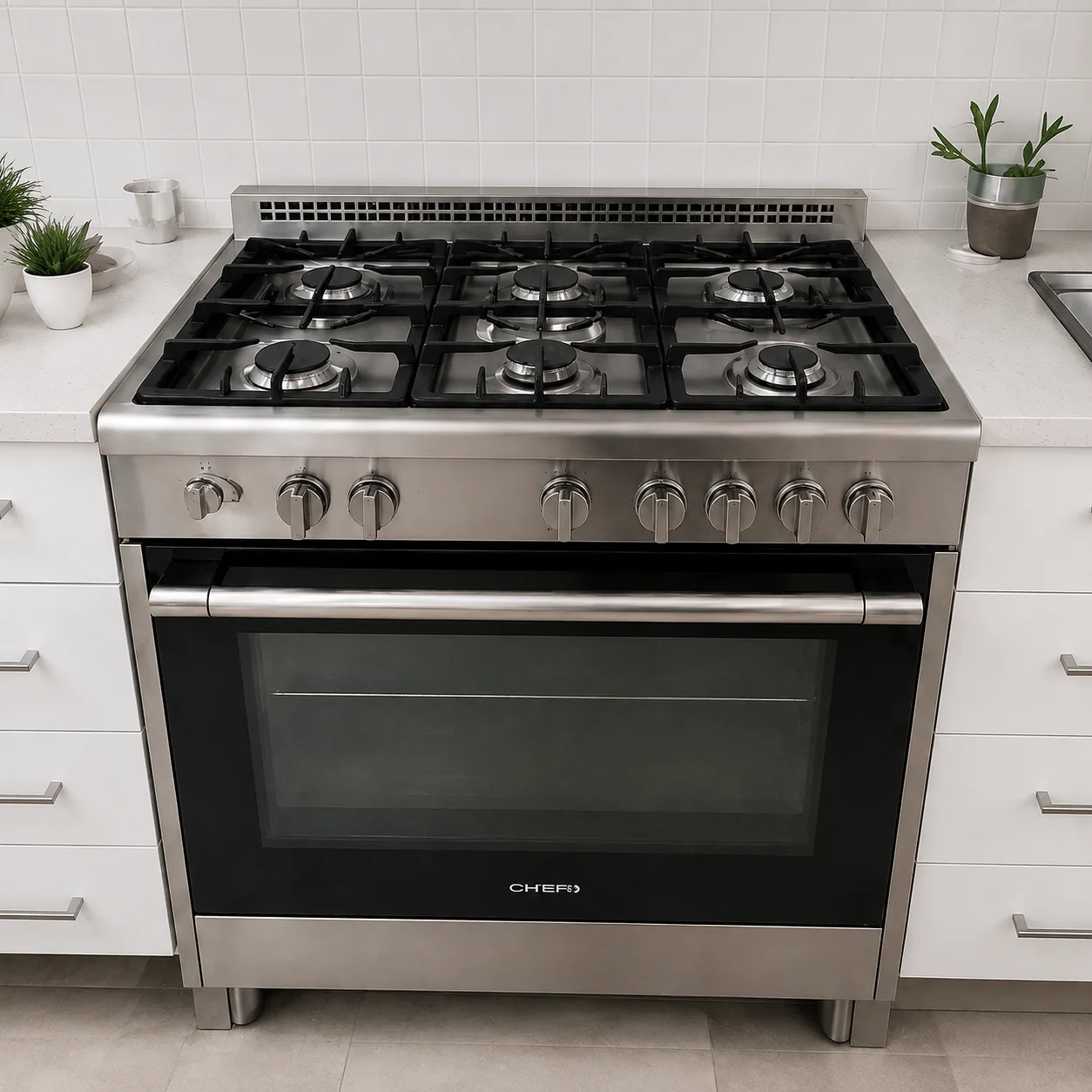 Stainless steel gas range connected in a kitchen