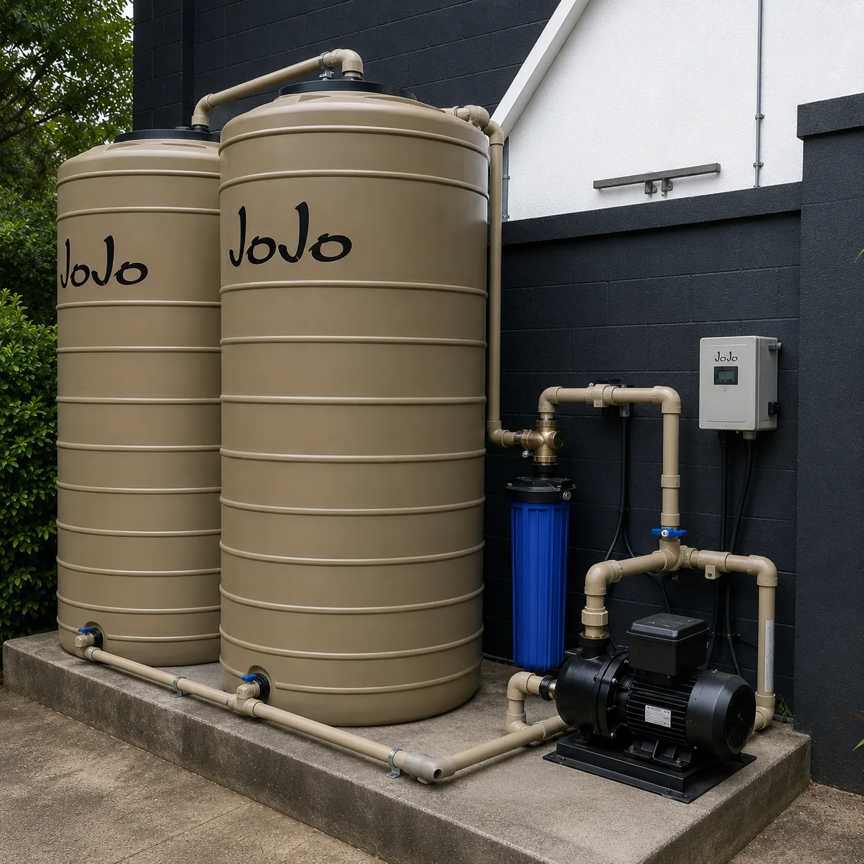 Water storage tanks with pump installed at a property